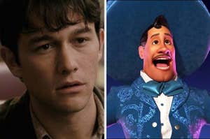Tom from "500 Days of Summer" looking heartbroken over his breakup with Summer, and Ernesto de la Cruz from "Coco" singing his heart out