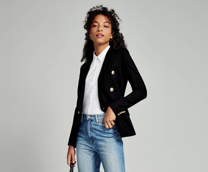 Model wearing the white collar shirt