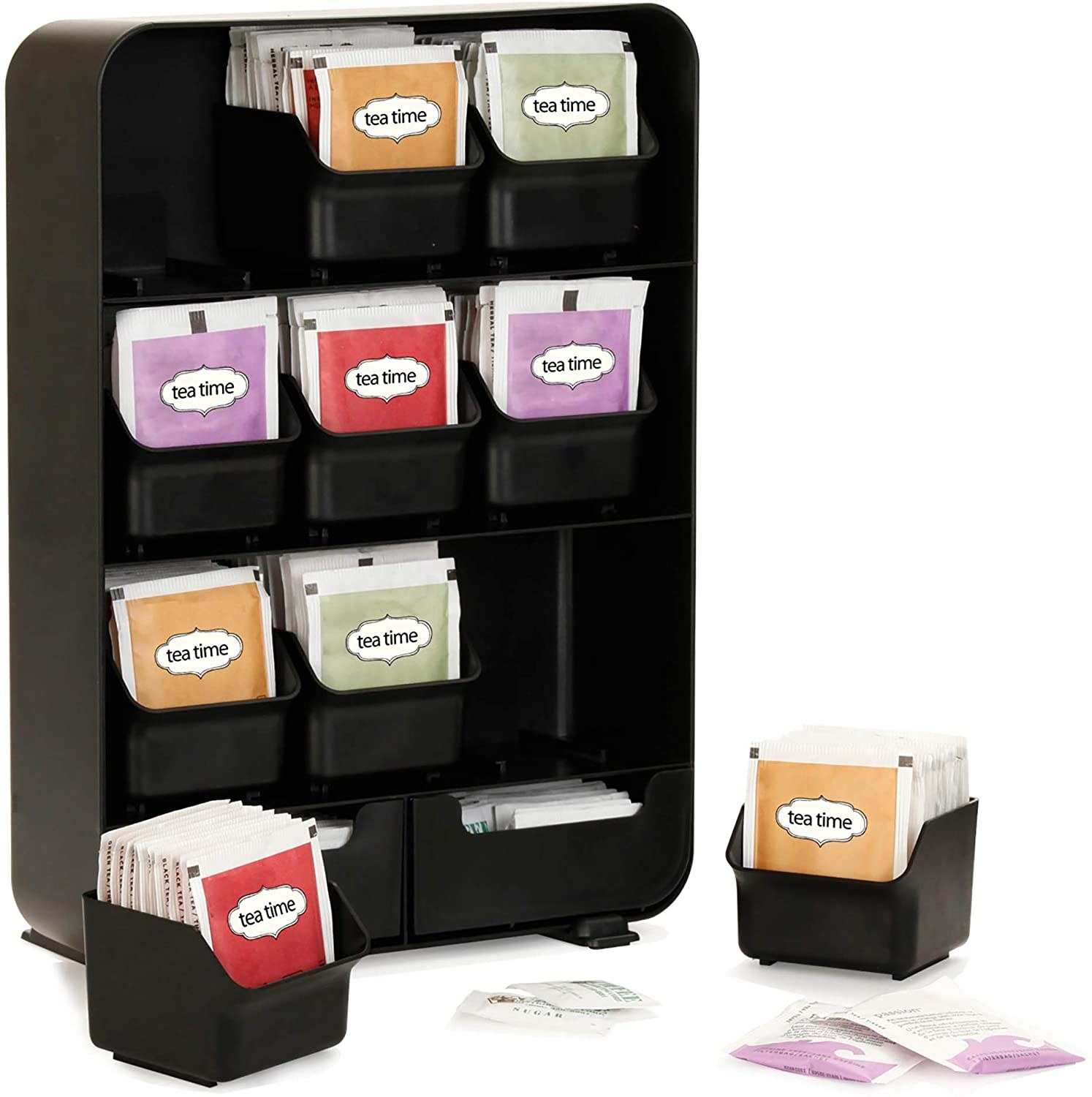 The tea organizer with several small drawers that each hold up to 20 bags of tea