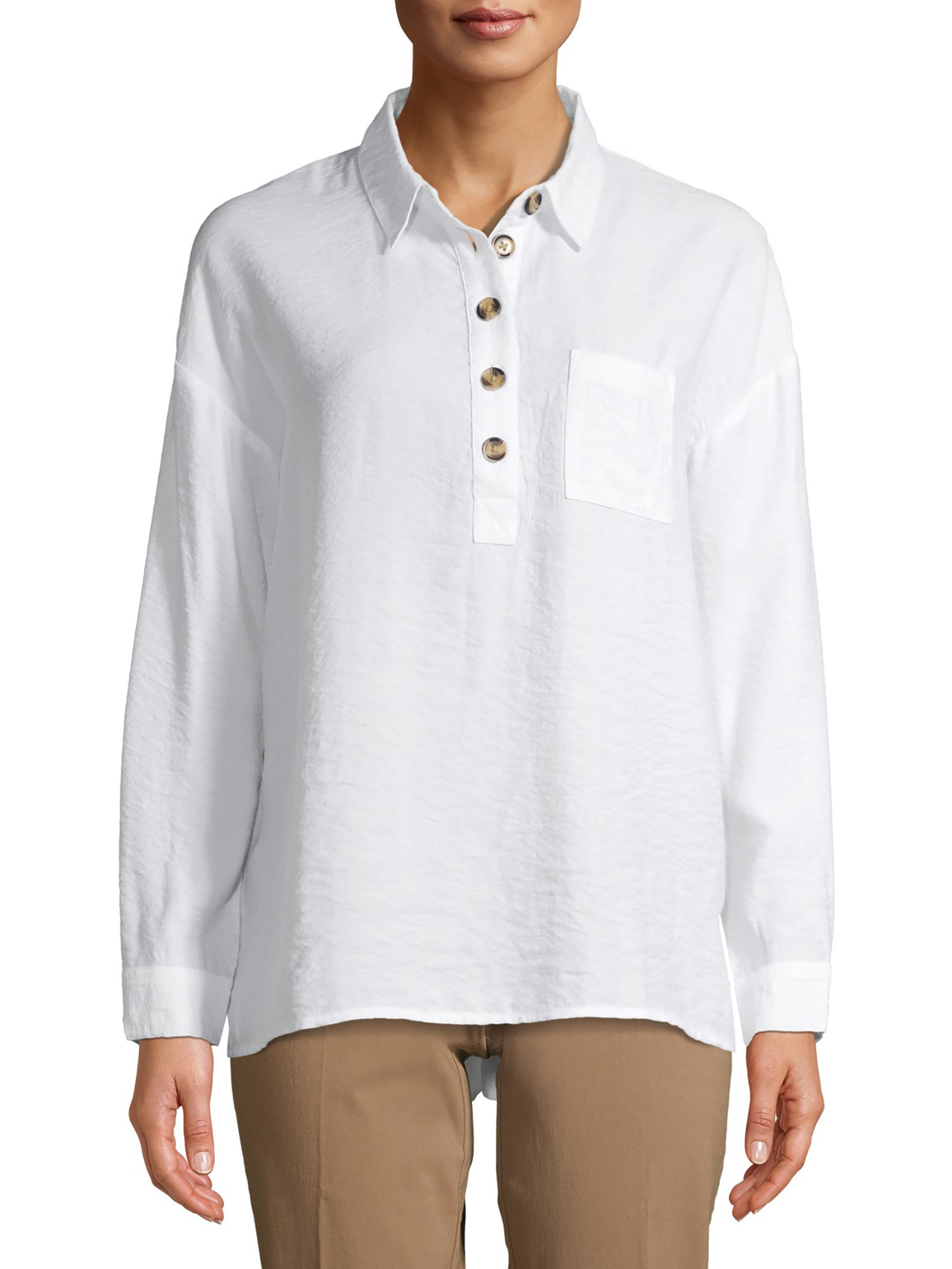 The white tunic with brown buttoned collar