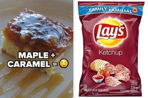 On the left, a yellow cake with a maple syrup and caramel topping sits on a white plate, with the words MAPLE + CARAMEL = drool emoji. On the right, a red bag of Lay's Ketchup chips.