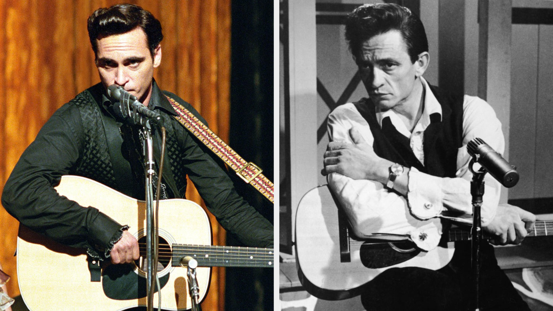 Joaquin Phoenix as Johnny Cash performing on stage with his guitar, singing in a serious manner; Johnny Cash posing on stage with his guitar in a sad and serious manner