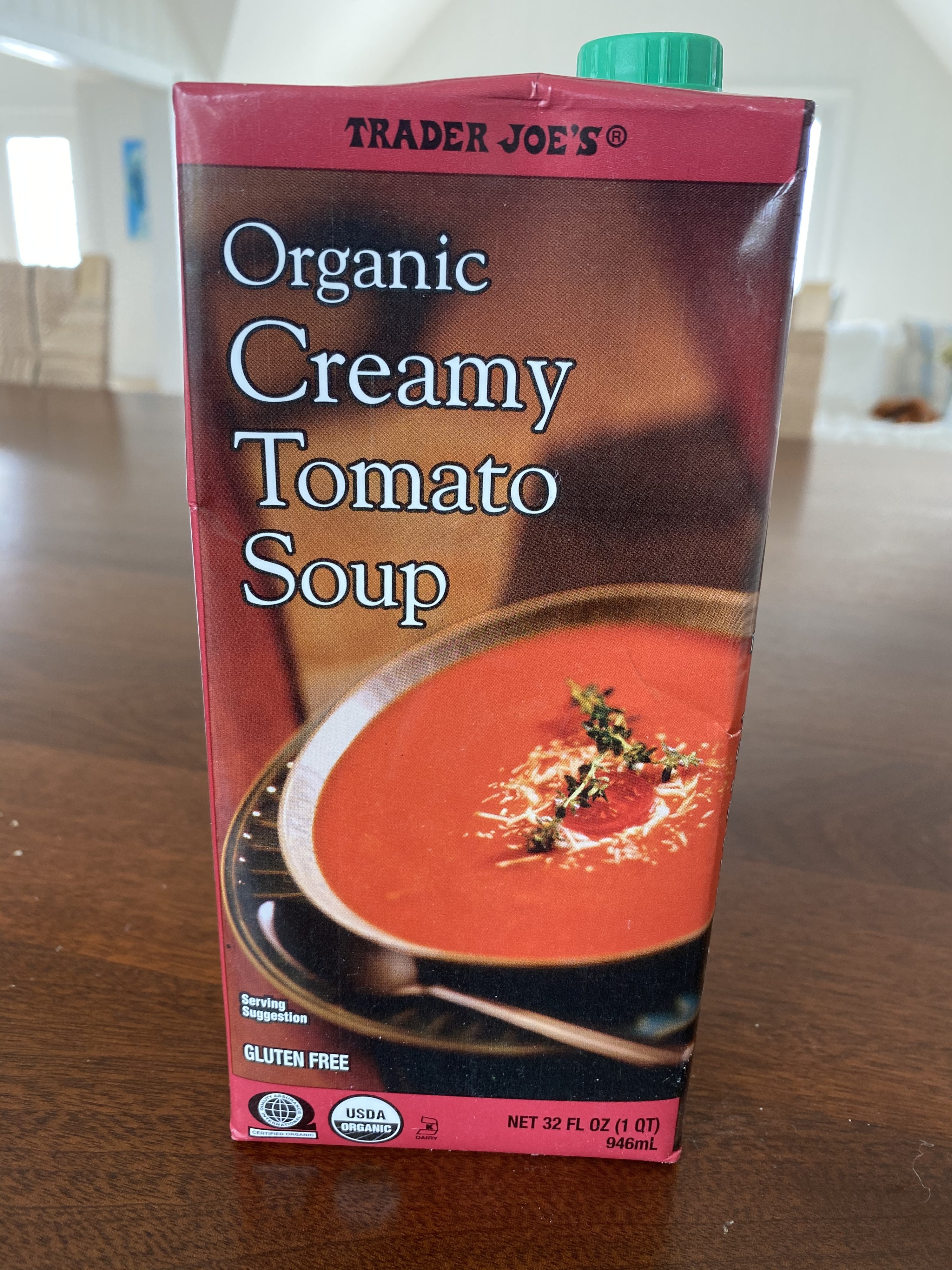 A carton of Trader Joe&#x27;s creamy tomato soup.