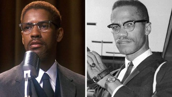 Denzel Washington as Malcolm X, wearing glasses and a suit, giving a speech with a serious expression; Malcolm X staring into the camera with a serious expression on his face, wearing glasses and a suit