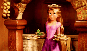 Rapunzel from Tangled balancing a bunch of plates of cookies 