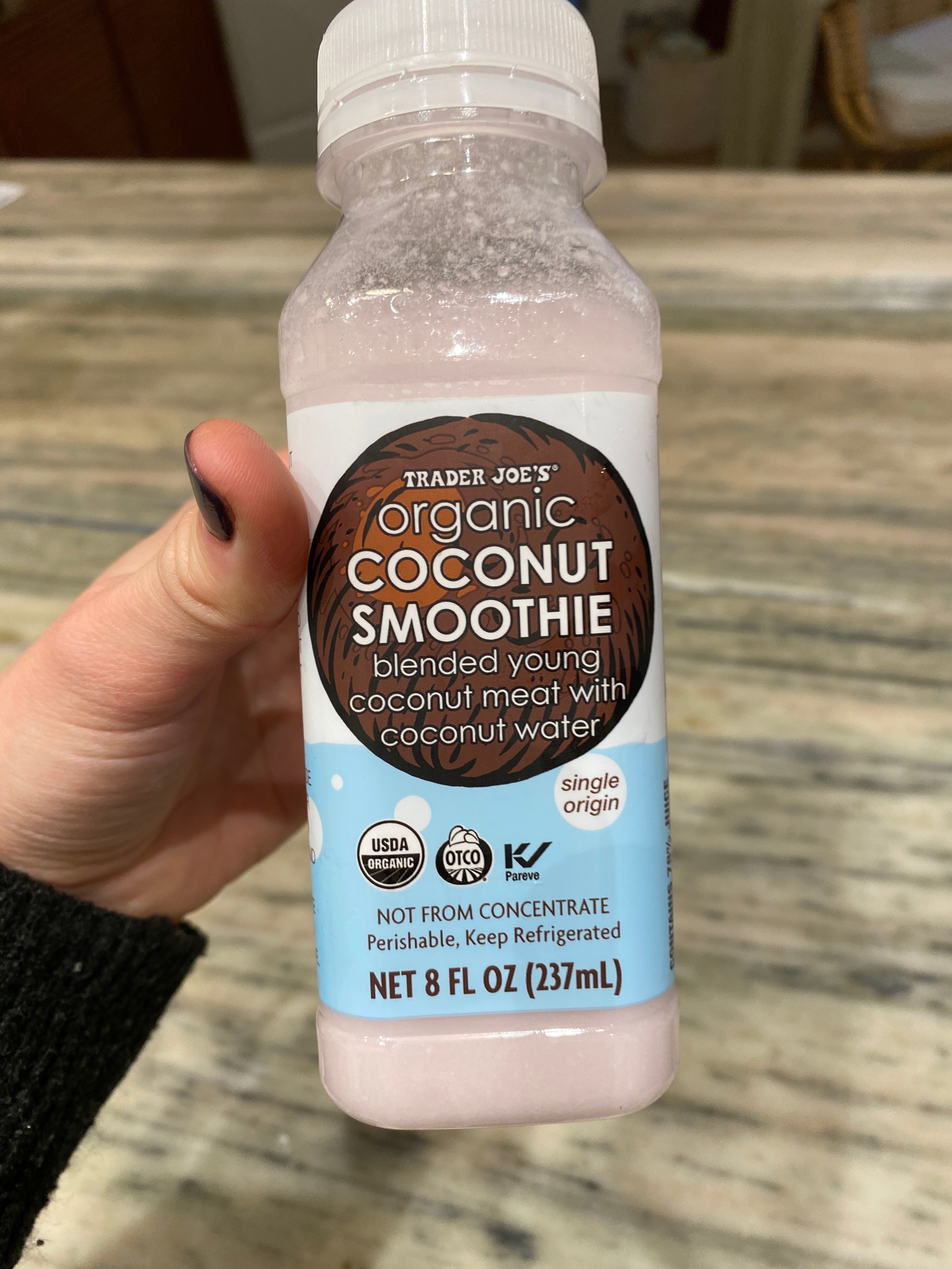 A bottle of Trader Joe&#x27;s organic coconut smoothie.