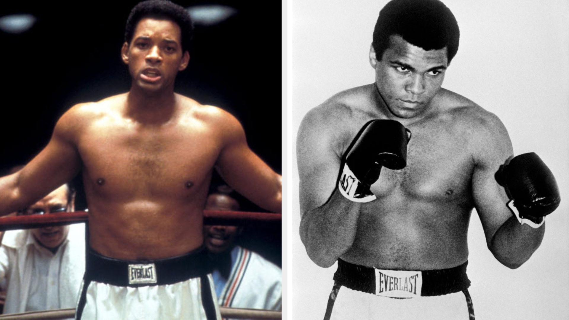 Will Smith as Muhammad Ali, standing in the corner of a boxing ring with a determined expression on his face; Muhammad Ali posing for a picture in a boxing stance, a determined expression on his face, wearing Everlast boxing gloves