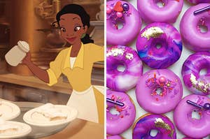 Tianna from Disney's the Princess and the Frog sprinkles powder on beignets, and the image next to that is rows and rows of doughnuts.