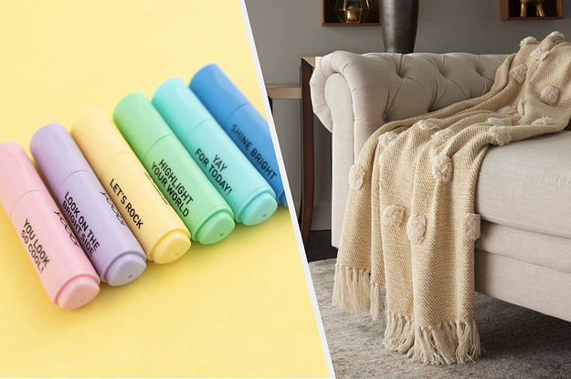tot he left: six colorful highlighters, to the right: a pale yellow throw blanket