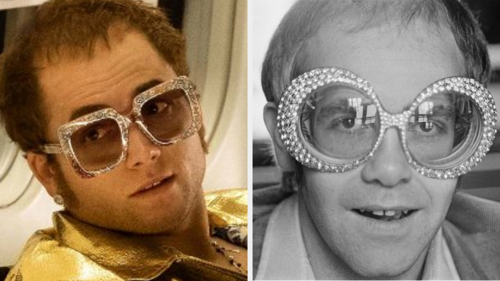 Taron Egerton as Elton John sitting on a plane, wearing oversized bejweled glasses, balding, with a serious expression on his face; Elton John posing for a picture with a sly grin, balding, wearing oversized bejeweled glasses