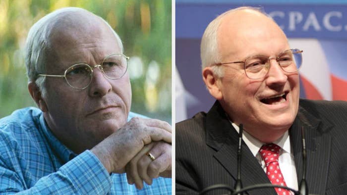 Christian Bale as Dick Chaney, staring intently during a deep conversation, wearing round gold glasses and half bald; Dick Chaney laughing at a political event, wearing round gold glasses and a suit