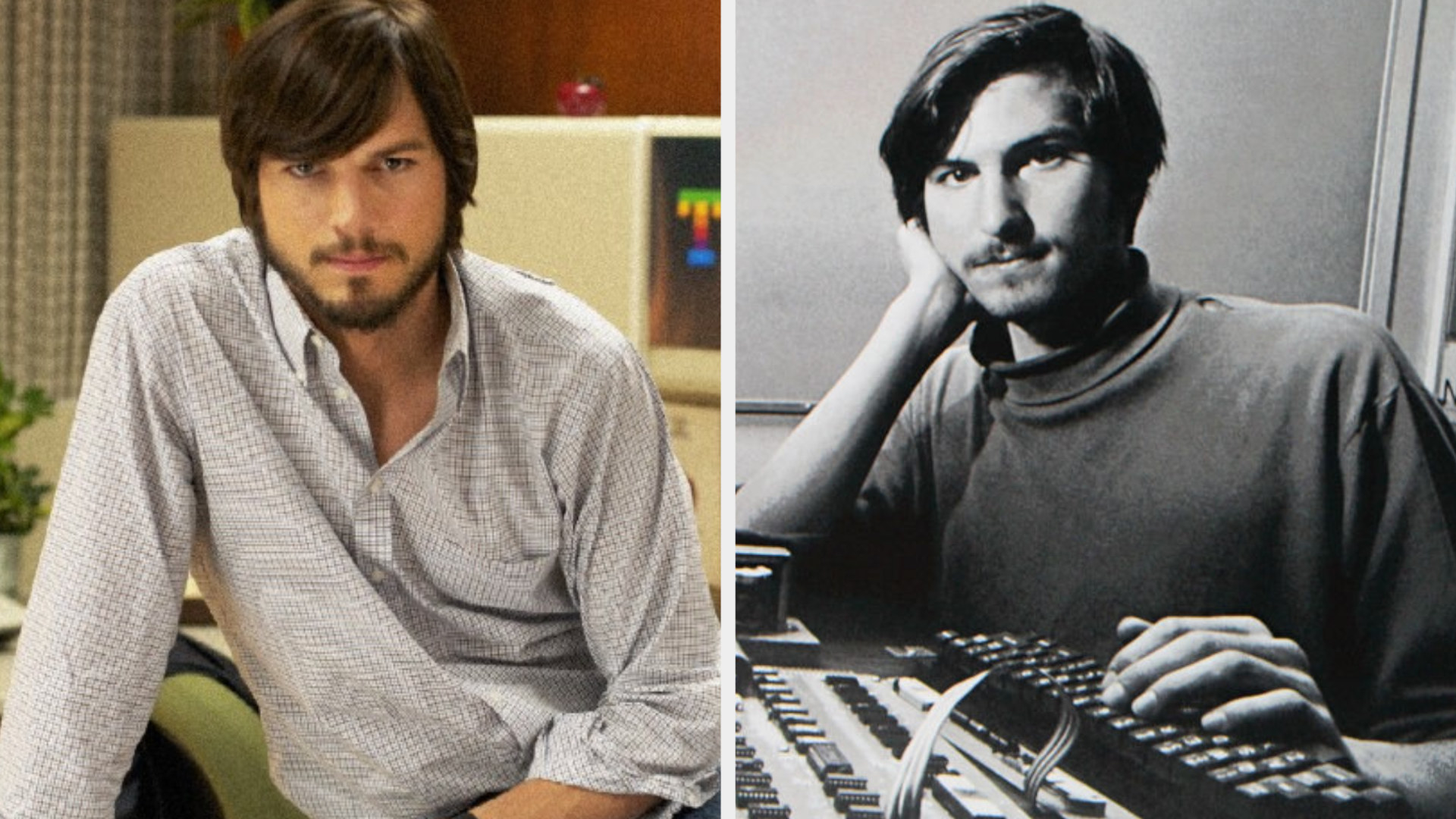 Ashton Kutcher as Steve Jobs sitting on a desk, long hair and beard, in shaggy &#x27;70s clothing; Steve Jobs resting his head on his arm, long hair and wearing a turtleneck, posing with one of the earliest models of the Apple computer