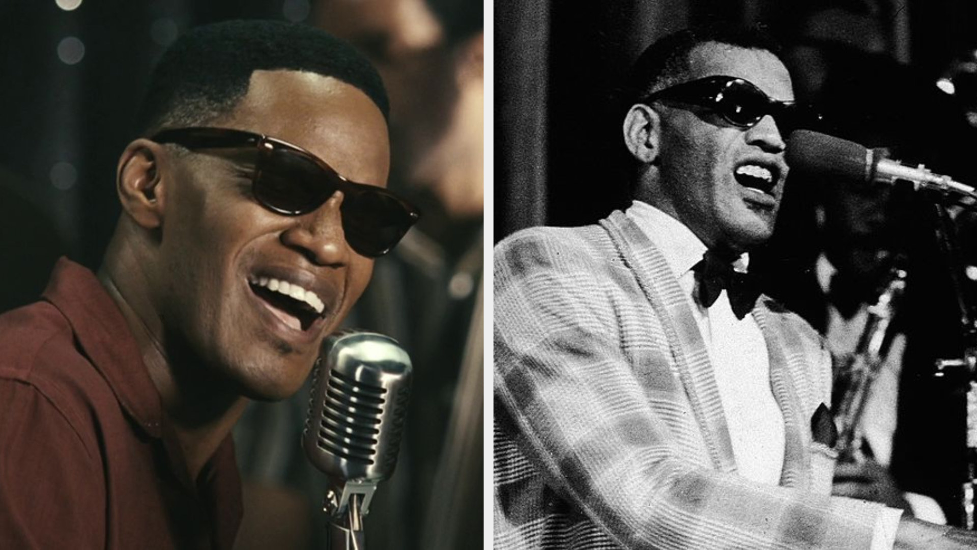 Jamie Foxx as Ray Charles, wearing sun glasses, singing happily into a microphone; Ray Charles wearing a suit and bowtie, sunglasses, and singing with a lot of feeling during a live performance