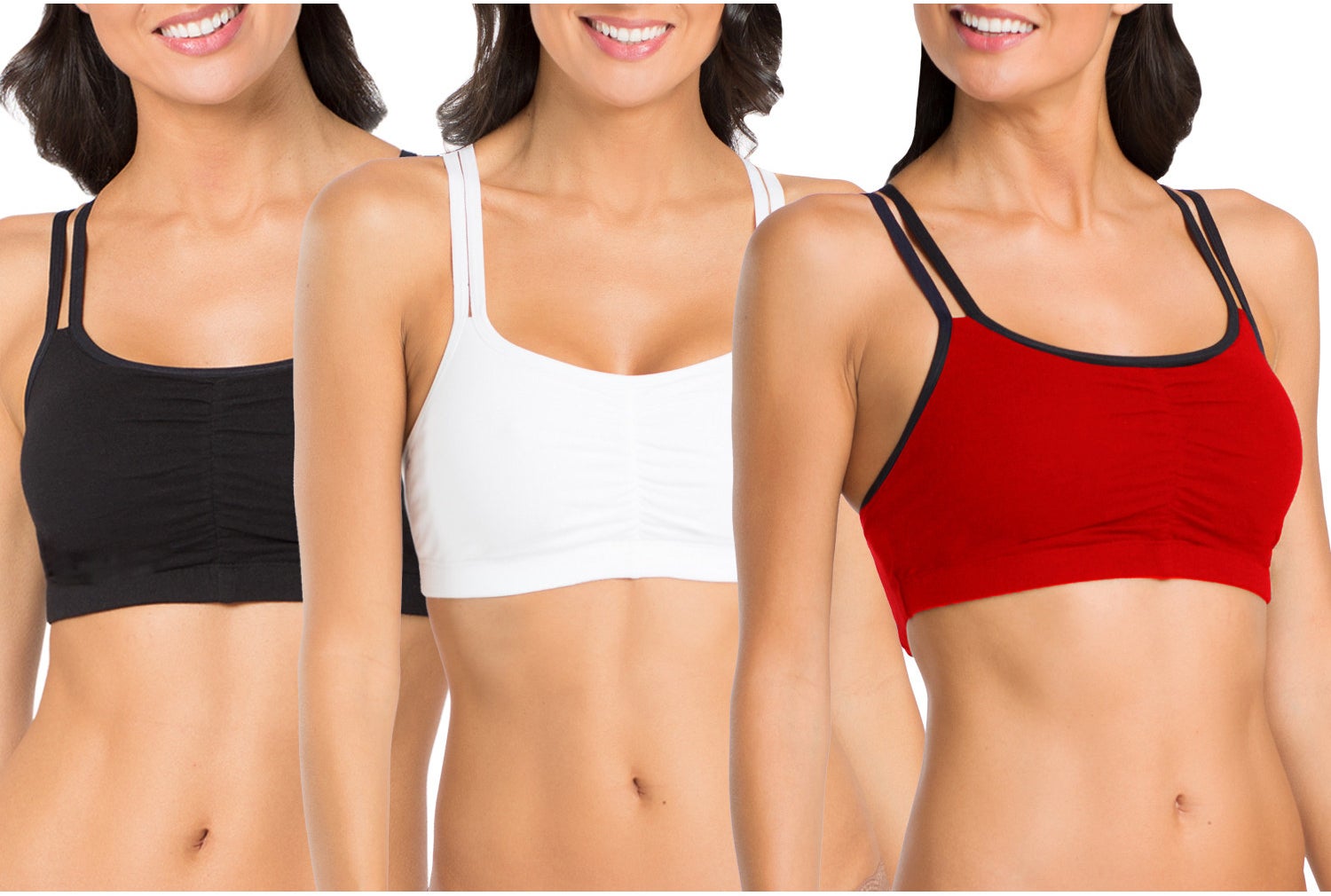 Models wearing the sports bras in black, white, and red 