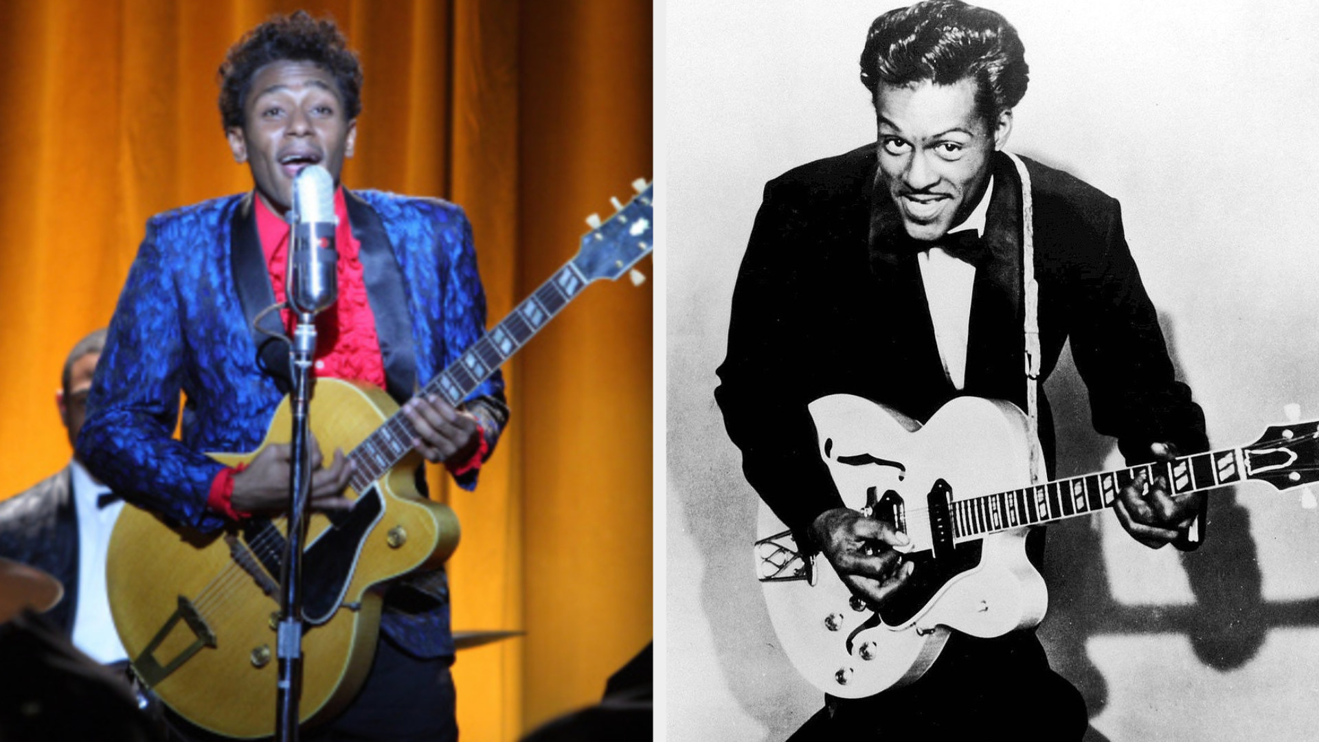 Yassin Bey as Chuck Berry, wearing a fun suit and performing in a playful manner during a concert, holding a big electric guitar, Chuck Berry posing with his electric guitar in a suit and bowtie, kneeling down with a playful smile