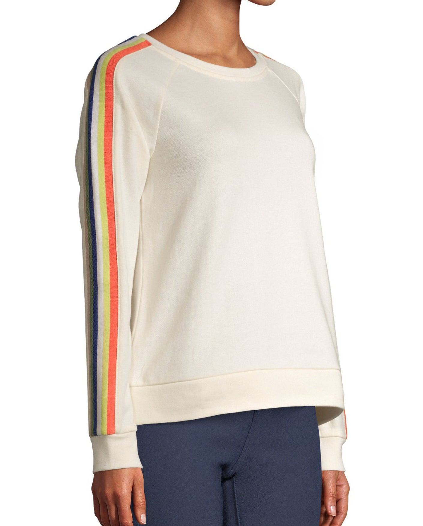The cream sweatshirt with colorful stripes down the arm 