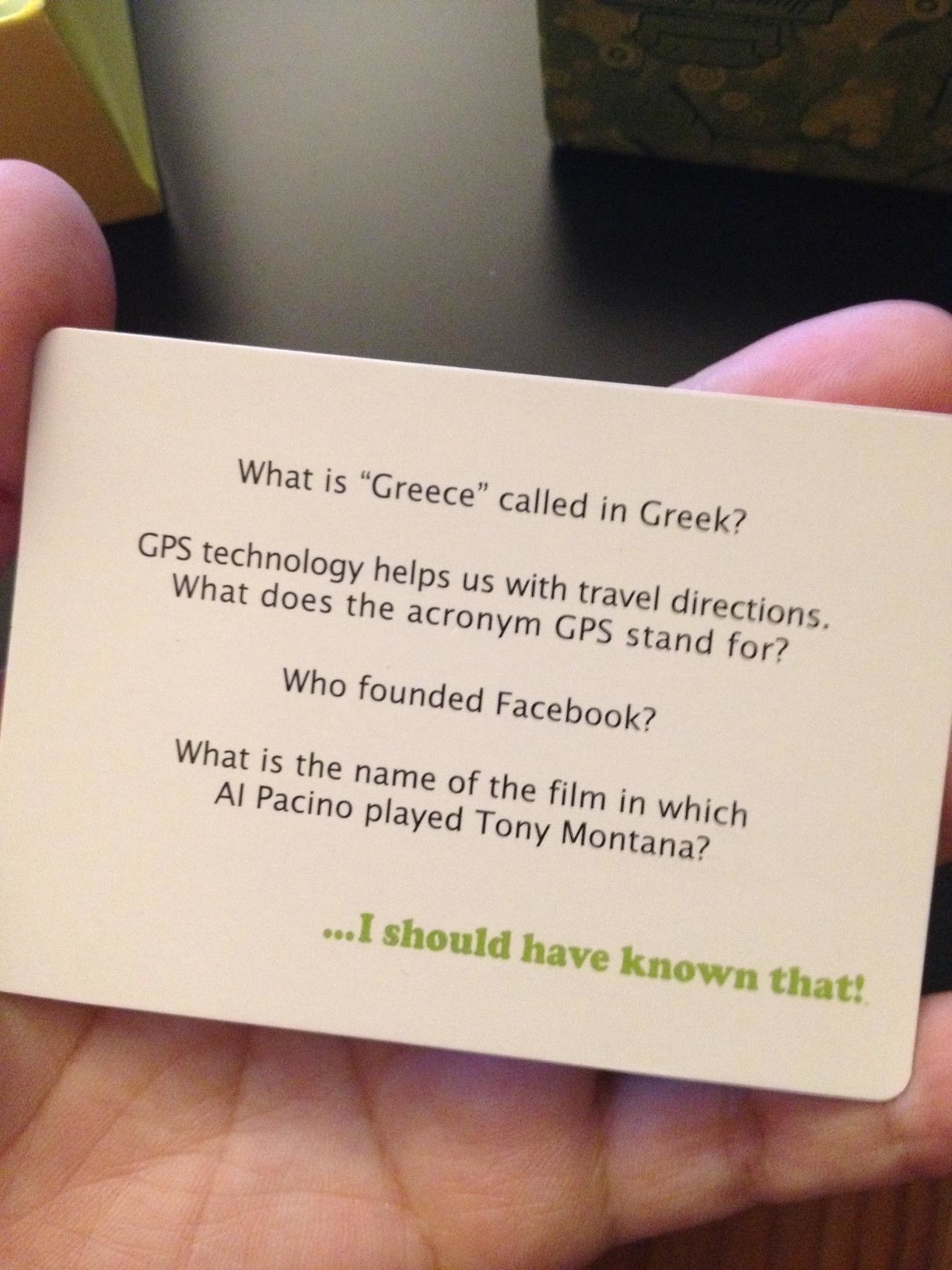 Reviewer photo of a game card that has questions like, &quot;Who founded Facebook?&quot; and &quot;What is &#x27;Greece&#x27; called in Greek&quot;