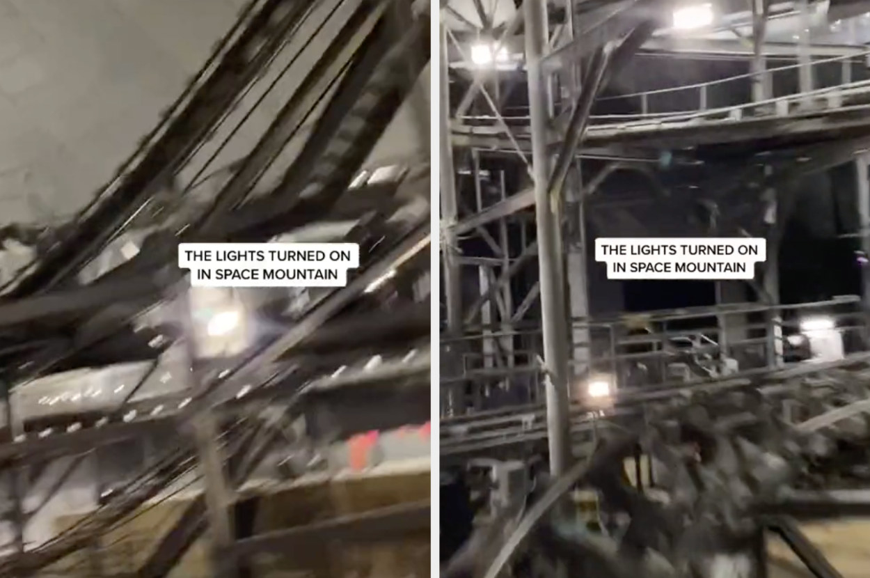 A split screen image showing the rollercoaster tracks and structures of Space Mountain with the lights turned on.