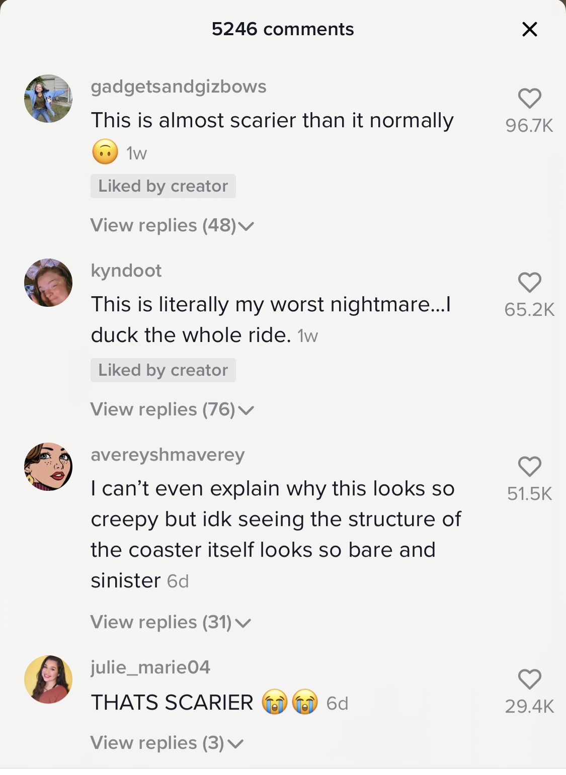 The comments section of the video that has comments about how scary the ride looks with the lights on.