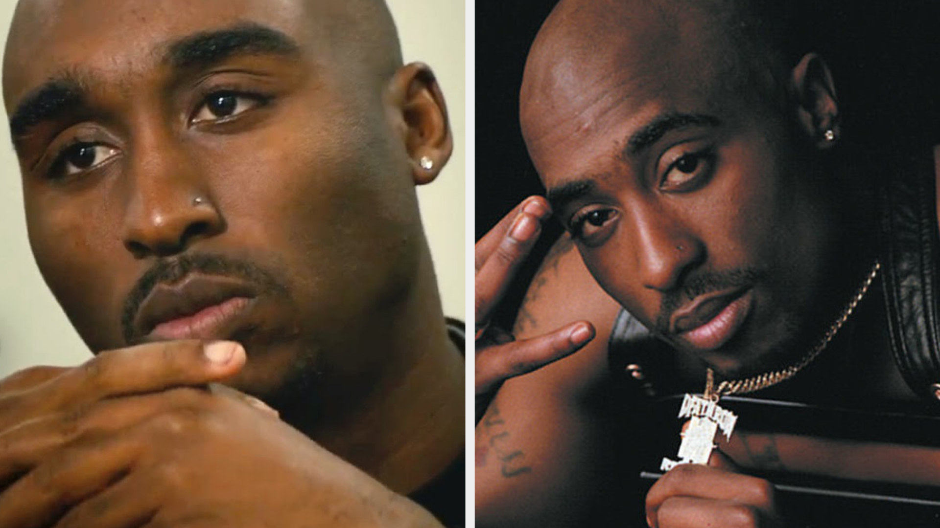 Demetrius Shipp Jr. as Tupac Shakur, in jail and looking at someone in a serious manner, wearing a stud nose ring; Tupac Shakur posing in a playful/tough manner on the cover of his album, &quot;All Eyez on Me,&quot; wearing a stud nose ring and chain necklace