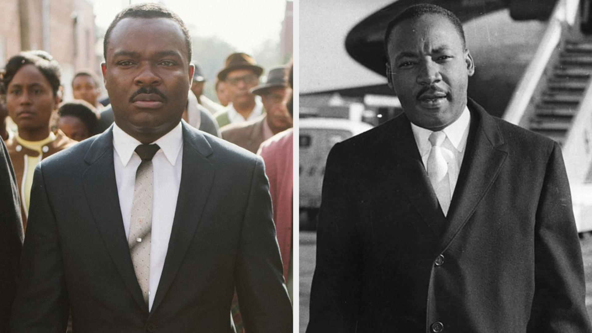 David Oyelowo as Dr. Martin Luther King Jr., wearing a suit and a serious expression on his face, marching in Selma, Alabama; Dr. Martin Luther King Jr. wearing a suit and tie with a serious/playful expression on his face, stepping out of an airplane