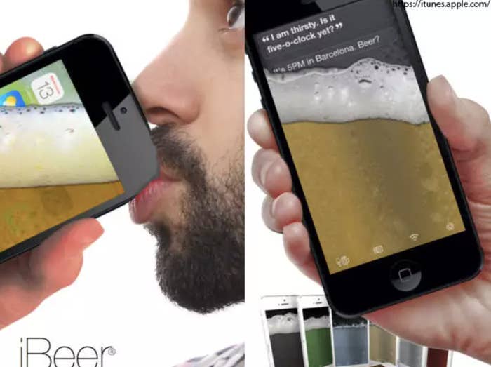 Screenshot of iBeer app featuring a man drinking what looks like a frothy beer out of his iPhone