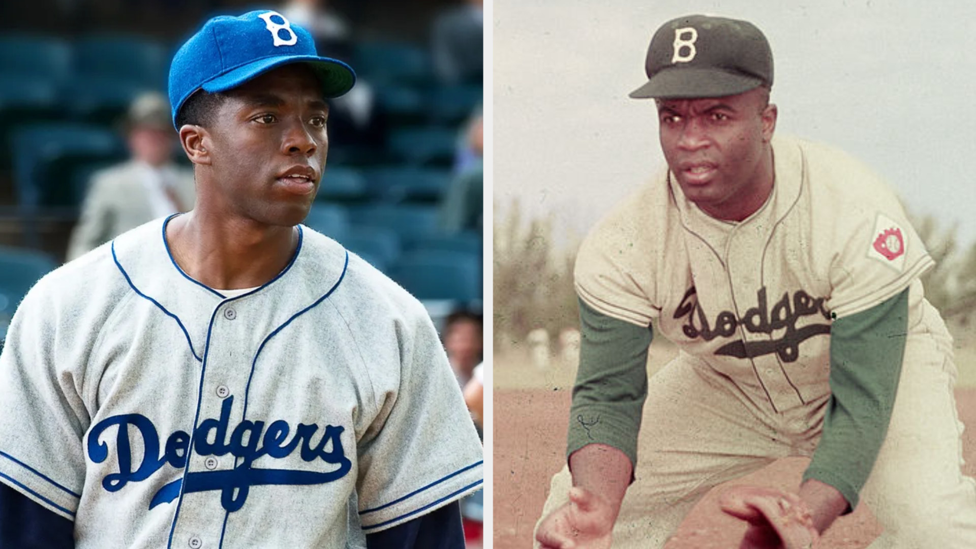 Chadwick Boseman as Jackie Robinson wearing a Brooklyn Dodgers uniform, staring at someone in a serious manner; Jackie Robinson wearing his Brooklyn Dodgers uniform, kneeling down on the field to catch a ground ball