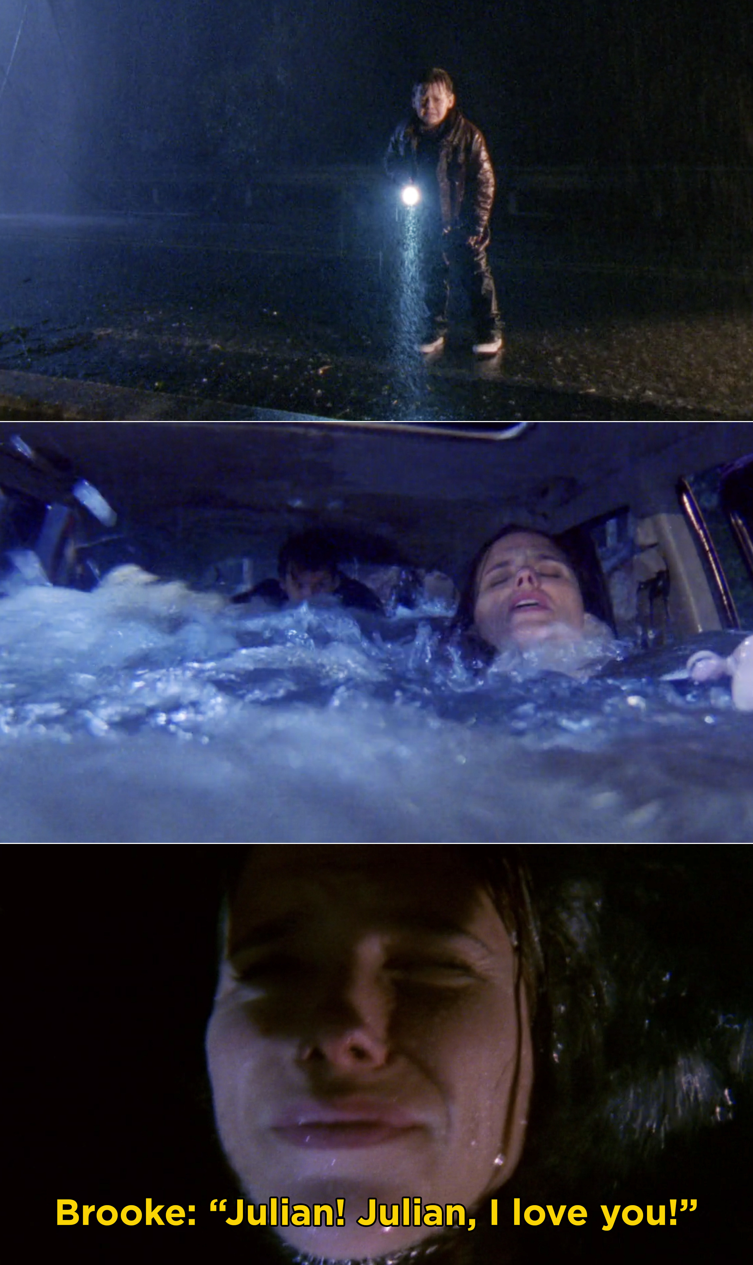 Jamie watching from the bridge, Brooke&#x27;s car filling up with water, and Brooke screaming, &quot;Julian! Julian, I love you!&quot;