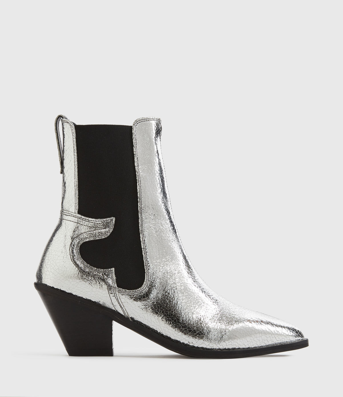 side profile of metallic silver and black cowboy style ankle boot