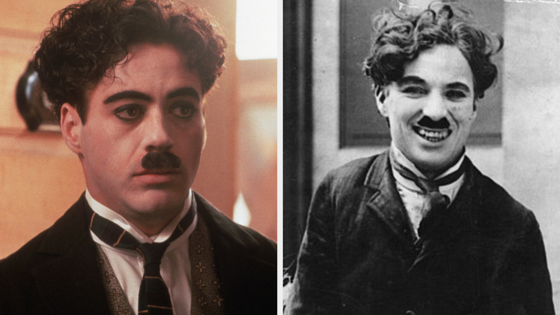 Robert Downey Jr. as Charlie Chaplin with curly hair and a small mustache, wearing a worn jacket and tie, with a serious expression on his face; Charlie Chaplin with curly hair and a small mustache, wearing a coat and tie, giving a happy and playful smile