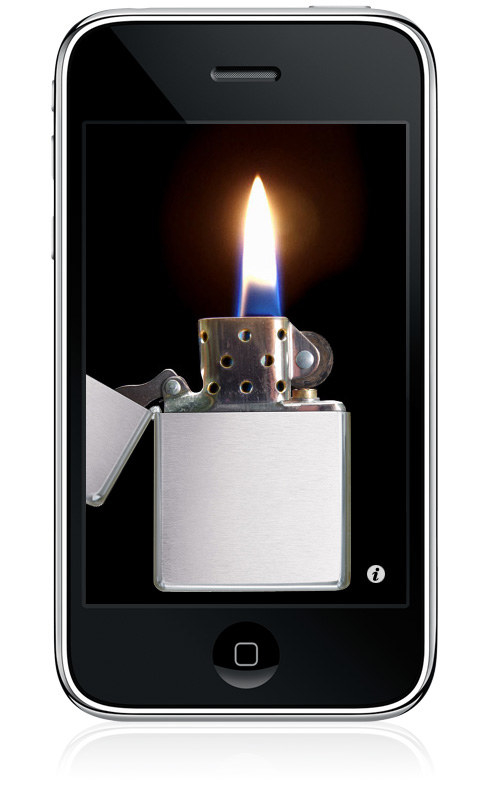 Photo of an iPhone with a Zippo lighter over the entire screen