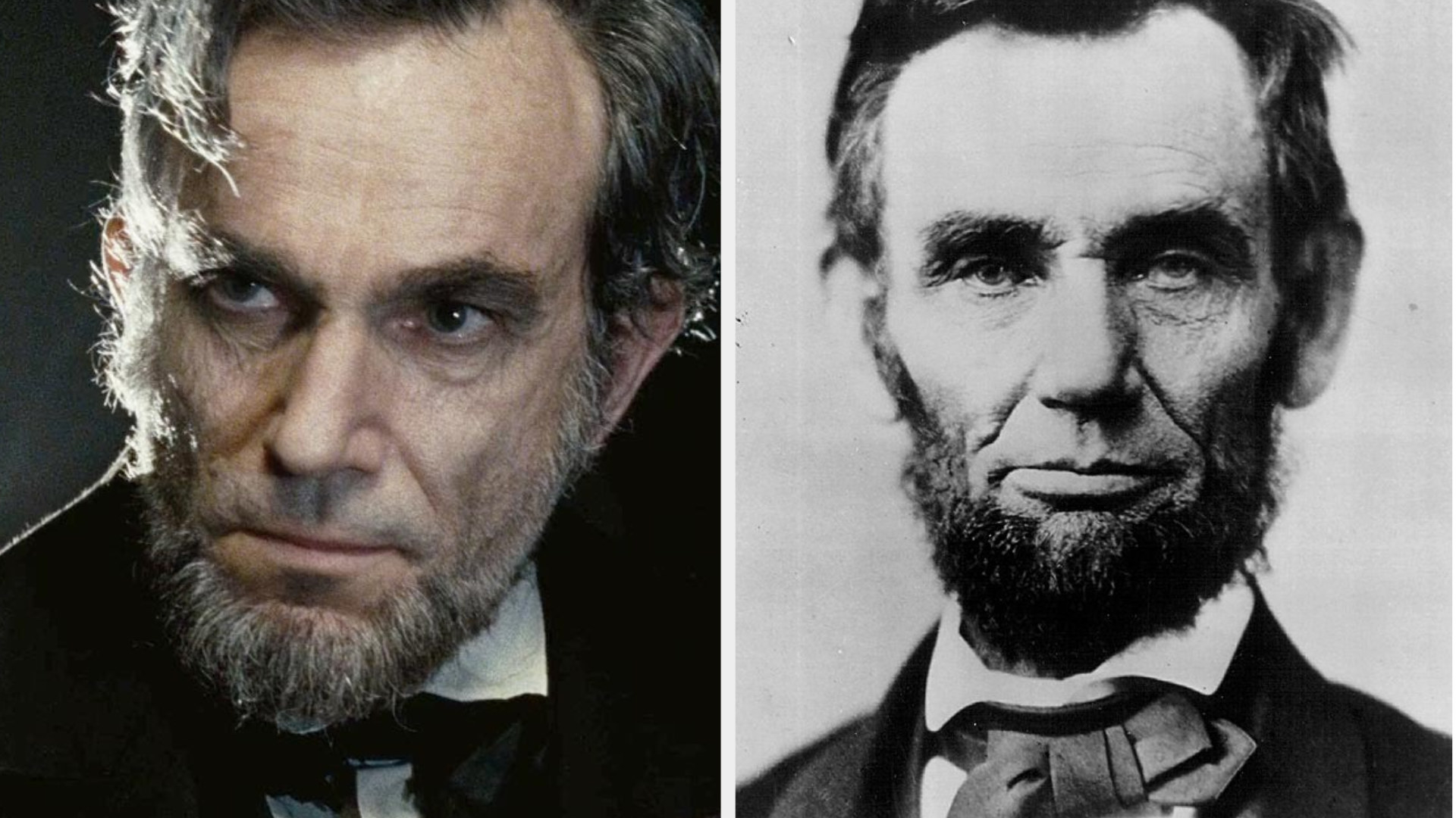 Daniel Day-Lewis as Abraham Lincoln, staring at someone in a serious manner, looking old and tired, wearing a suit; portrait of Abraham Lincoln from the 1860s, serious expression on his face, full beard, wearing suit