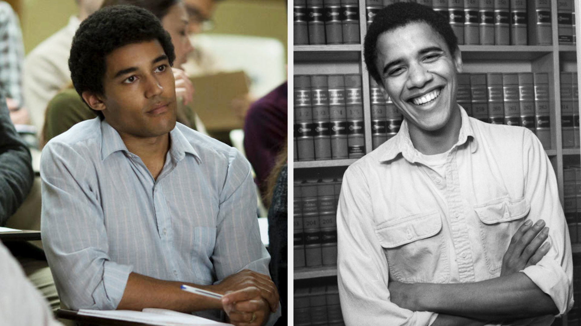 Devon Terrell as Barack Obama, sitting in class while holding a pen, concentrating; Barack Obama posing in a library with a very happy smile, folding his arms in front of him