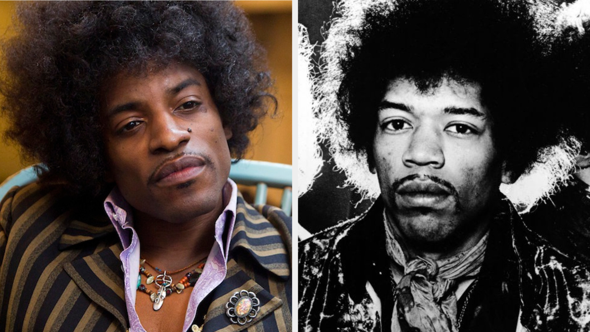 André 3000 as Jimi Hendrix, staring at someone with great concentration, wearing a psychedelic suit and messy hair; Jimi Hendrix posing for a band photo from the late &#x27;60s, serious expression on his face, wearing psychedelic suit and scarf