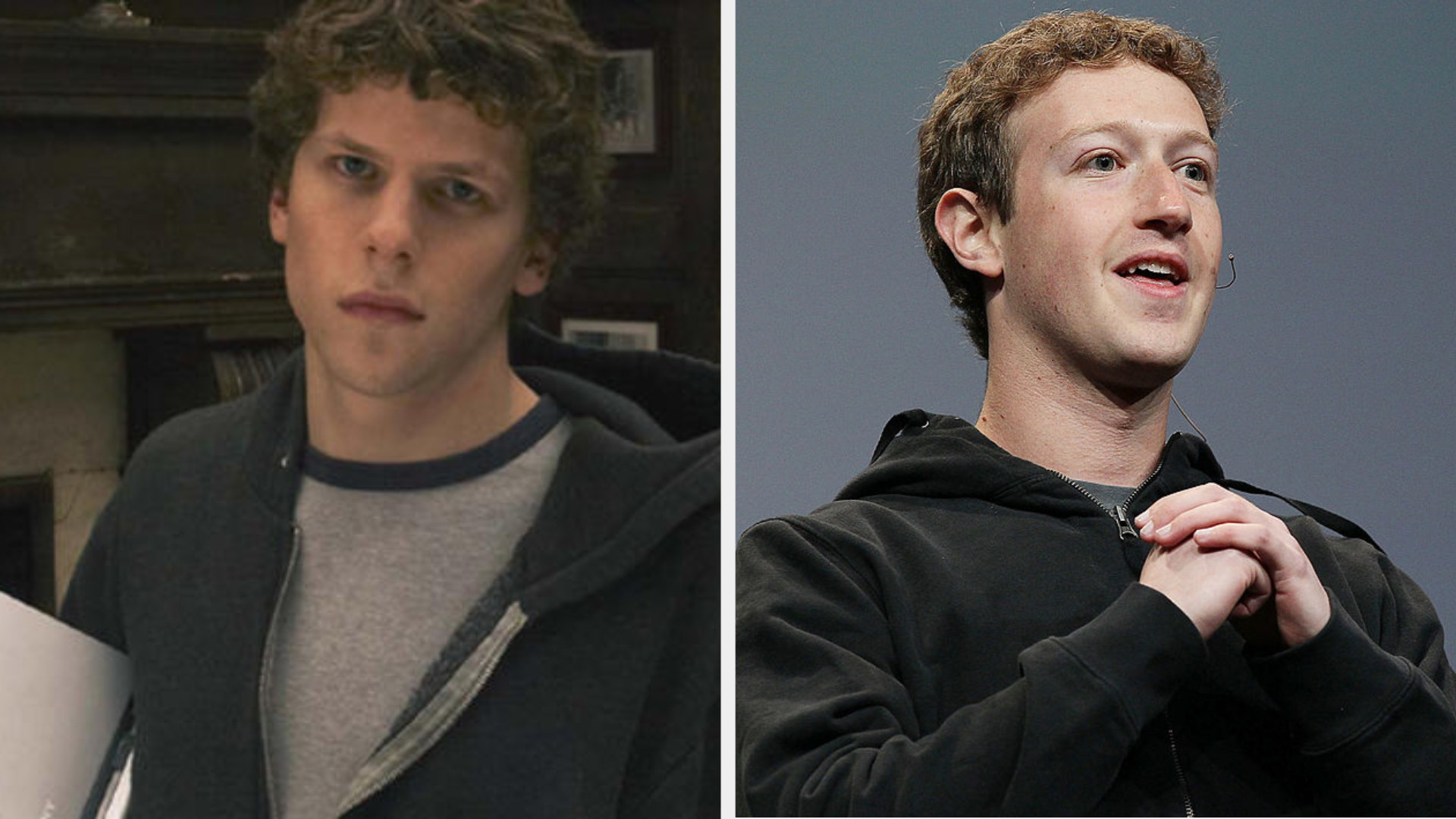 Jesse Eisenberg as Mark Zuckerberg, wearing a casual hoodie and a serious expression on his face; Mark Zuckerberg giving a speech in the early 2010s about Facebook, wearing a casual hoodie and holding his hands together