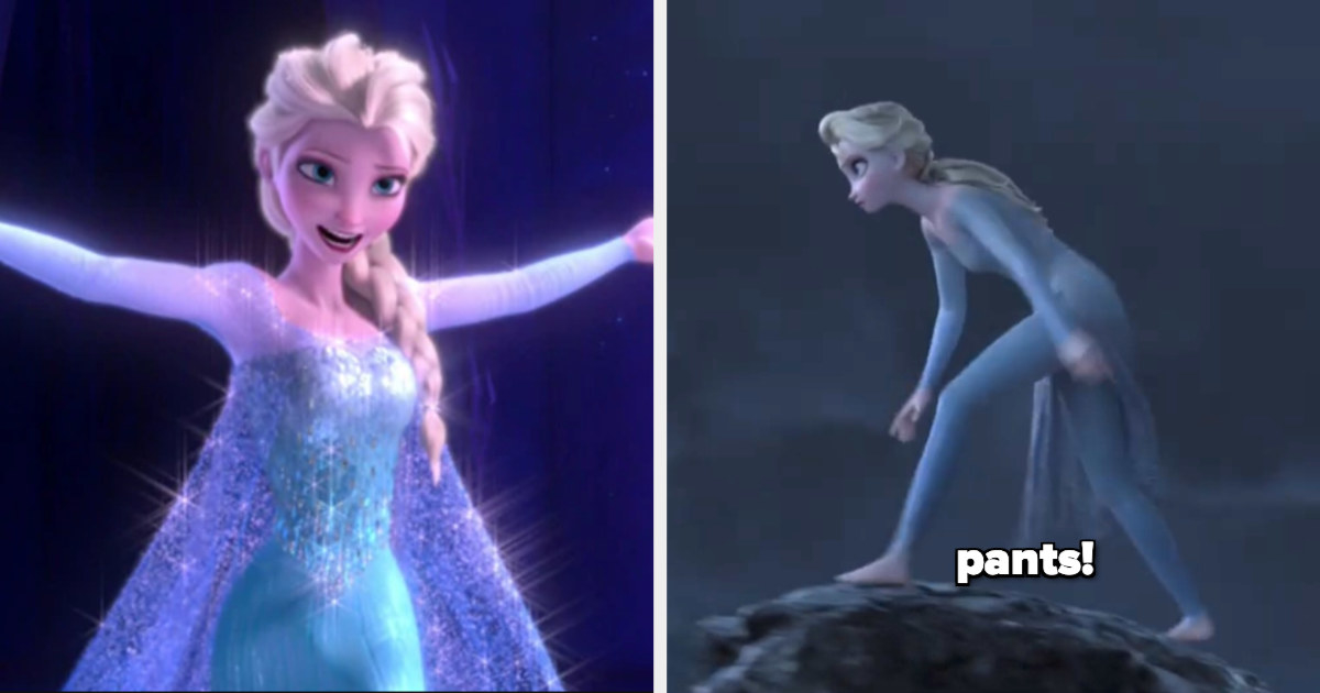 Elsa stands on a cliff wearing pants