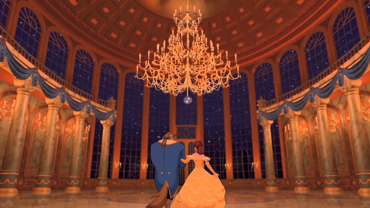 Belle and the Beast dancing in the ballroom
