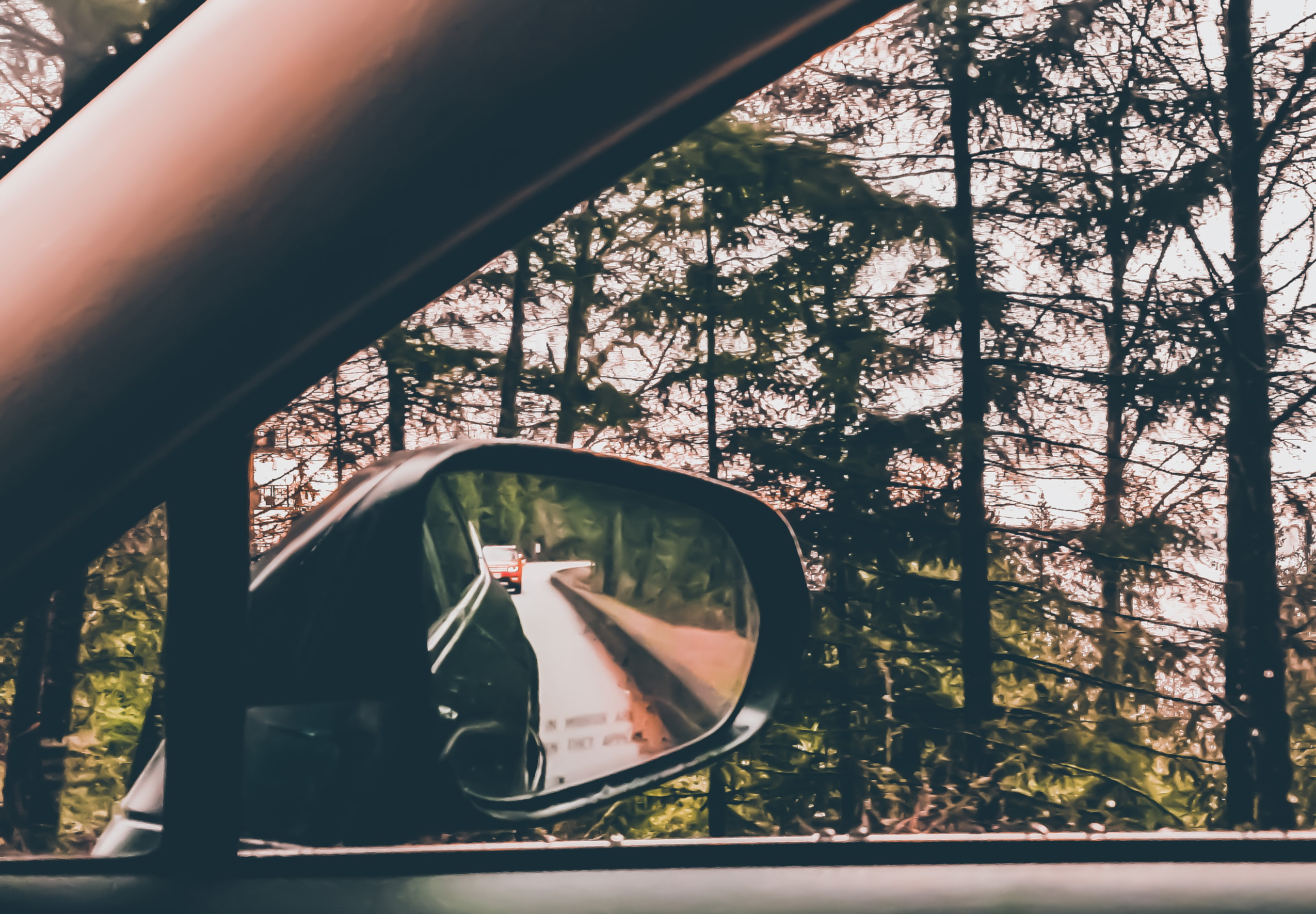 View of a car side mirror on a windy road