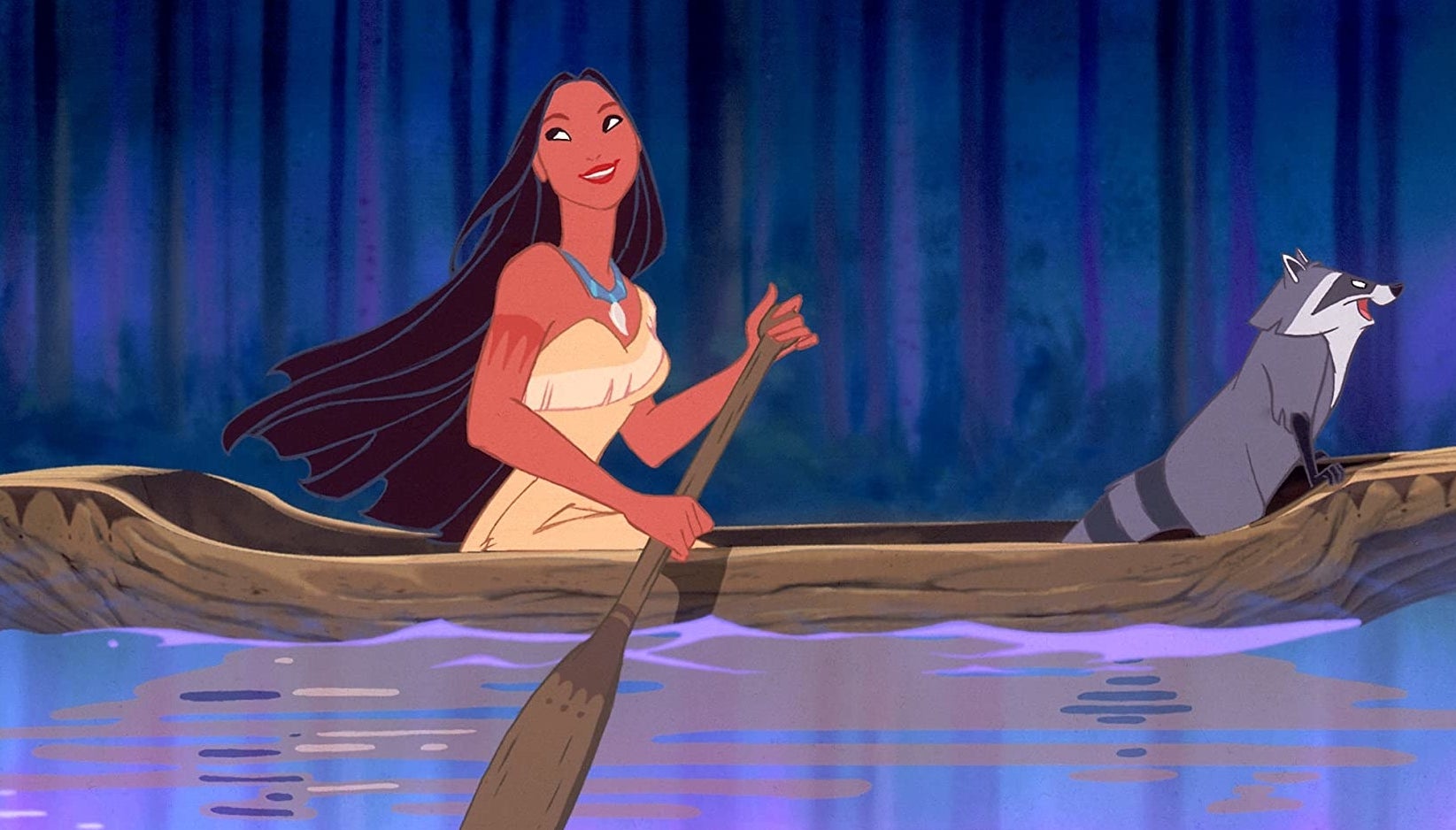 Pocahontas in her dress, rowing a canoe