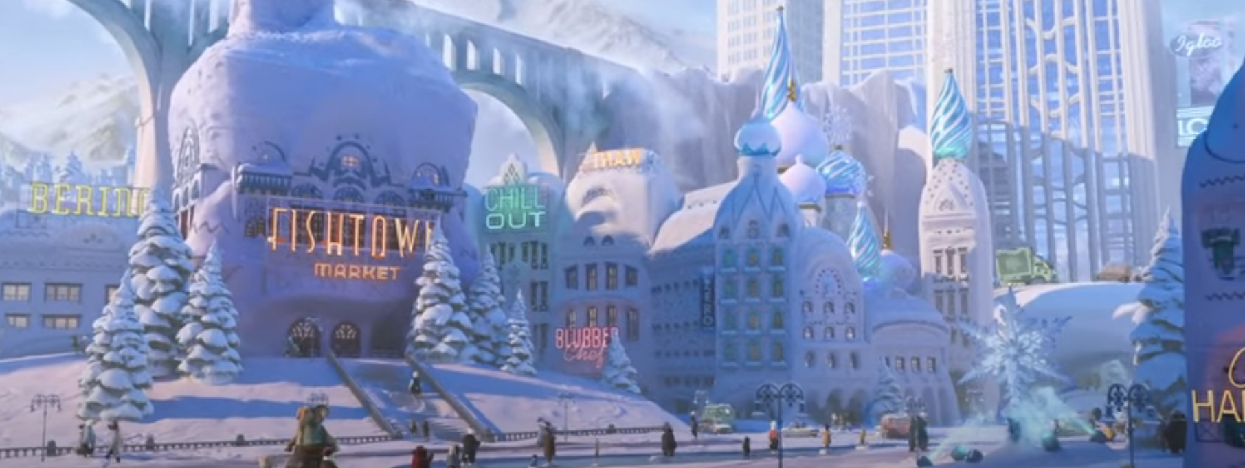 The Zootopia train going through the ice district