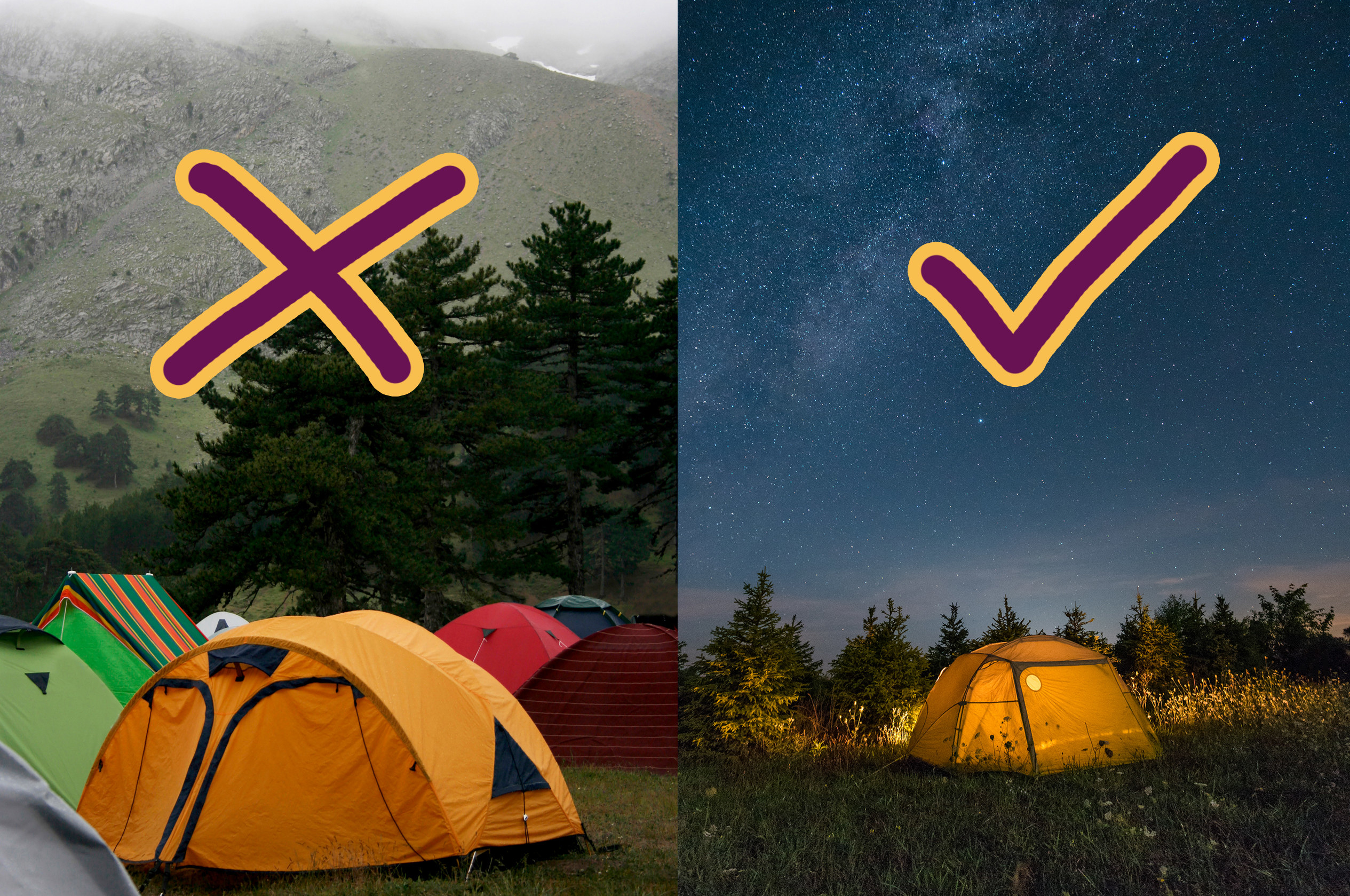 Crowded campground full of tents and an illustrated &quot;cross&quot;; remote campground with a single tent and an illustrated &quot;tick&quot;