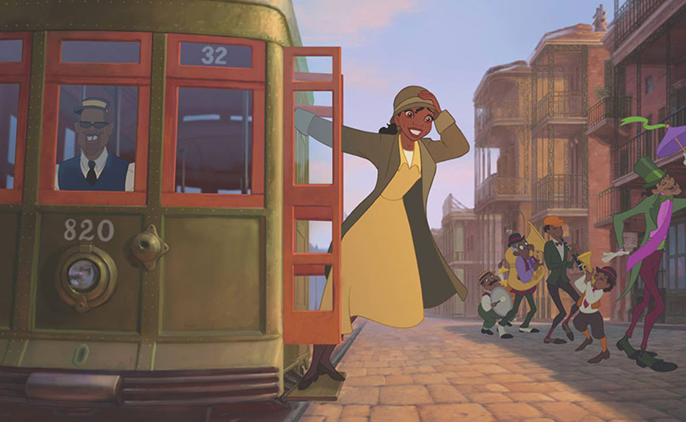Tiana riding the bus wearing a coat and hat over her waitress outfit