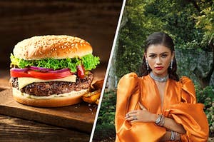Zendaya next to a burger that says her future is orange