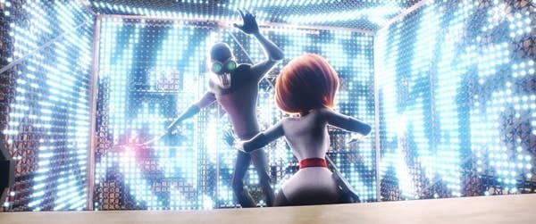 Elastigirl facing off against the Screenslaver in a room made out of flashing patterns of lights