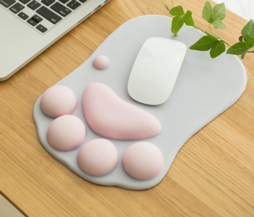 A cat paw mousepad with a mouse on it