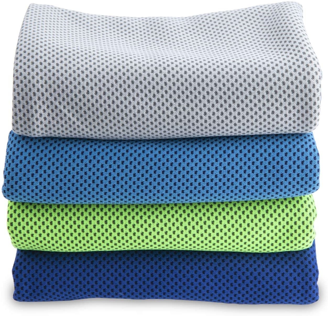 The perforated towels in gray, light blue, green, and dark blue