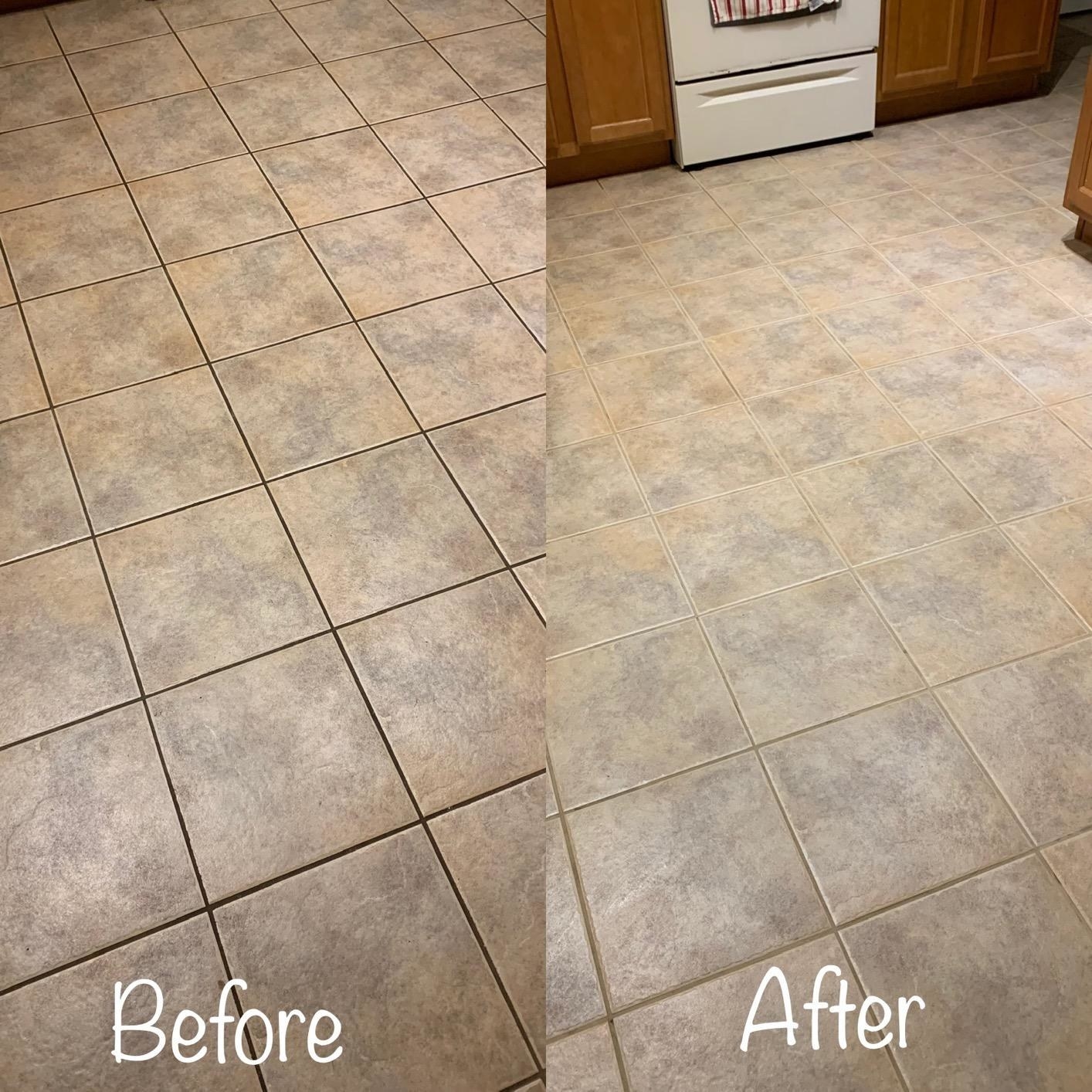 Reviewer before-and-after photos showing dark grout restore to its original color after treating with the cleaner