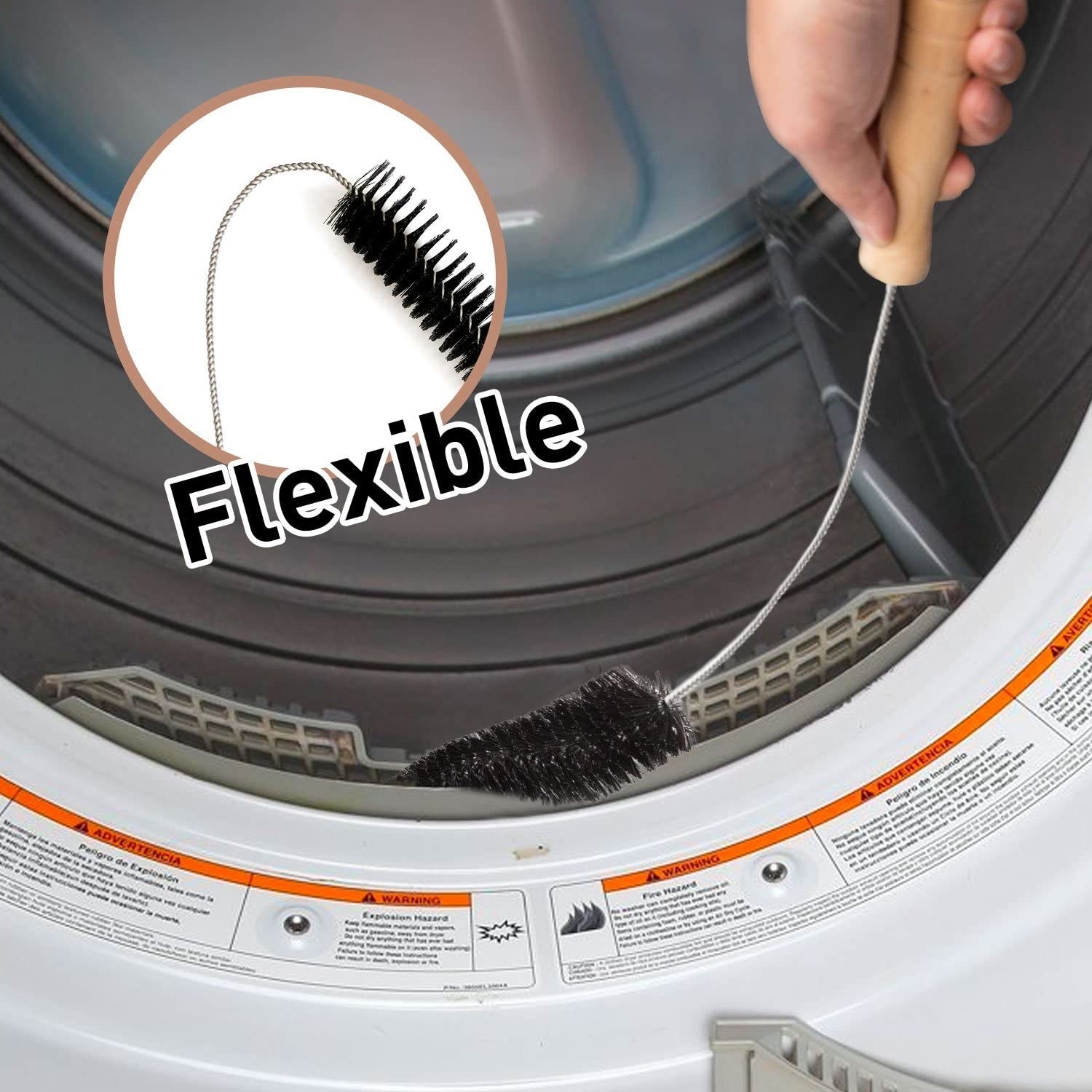 A person using a long flexible brush to clean the drying machine vents