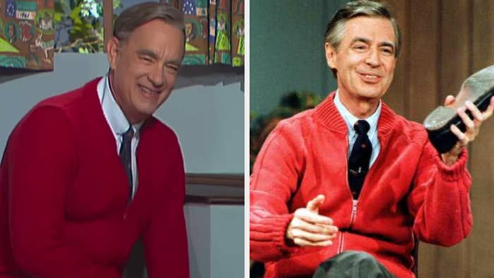 Tom Hanks as Mister Rogers wearing a sweater and tie, happily posing for the camera; Mister Rogers wearing the same sweater and tie, happily holding a shoe in his left hand