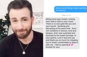 Chris Evans side-by-side with a text from SZA's mom